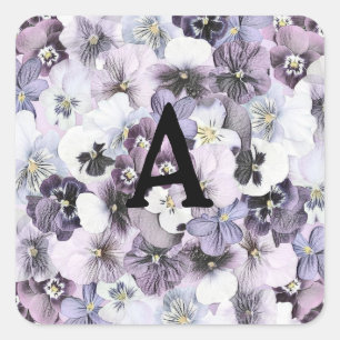 Sticker Carré Monogramme Violet Pink Blanc Pansies Dessin Vintag
