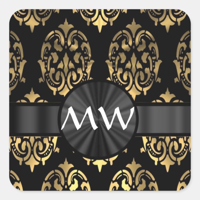 Sticker Carré monogrammed or et damas noir (Devant)