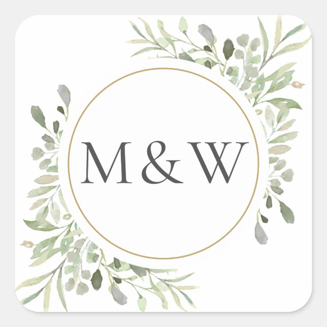 Sticker Carré Monogrammes de feuillage aquarelle de verdure (Devant)