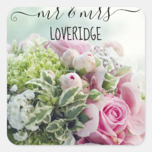 Sticker Carré Monsieur et Madame Romantiques Mariage Floral Rose