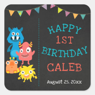 Sticker Carré Monster Chalkboard Premier anniversaire Baby Boys