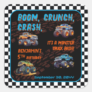 Sticker Carré Monster Truck Bash Boy 5e fête d'anniversaire