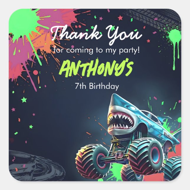 Sticker Carré Monster Truck Shark Birthday Napkins (Devant)