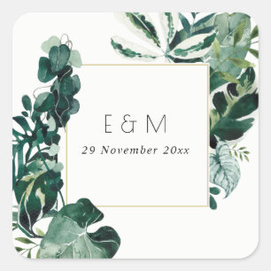 Sticker Carré Monstère Tropical Green Foliage Monogramme Mariage