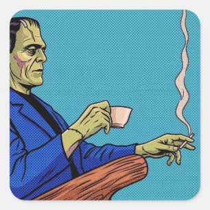 Sticker Carré Monstre de Frankenstein Pop Art buvant du thé en d