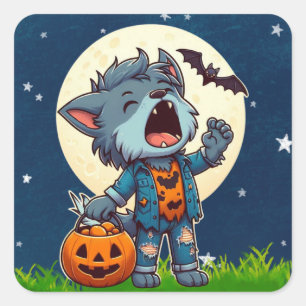Sticker Carré Monstre de loup-garou mignon hurlant avec citrouil