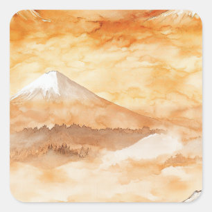 Sticker Carré Mont Fuji au lever du soleil Aquarelle Paysage ora