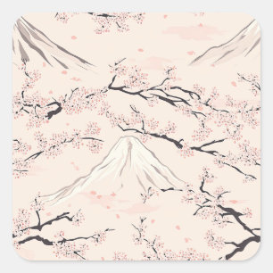 Sticker Carré Mont Fuji avec fleurs de cerisier – Japonais (1)