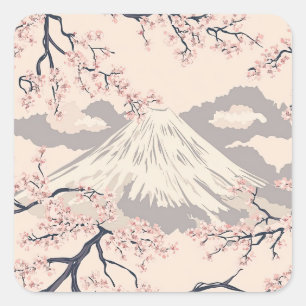 Sticker Carré Mont Fuji avec fleurs de cerisier – Japonais (2)