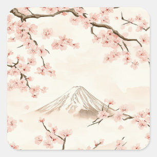 Sticker Carré Mont Fuji avec fleurs de cerisier – Japonais (3)