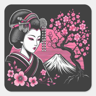 Sticker Carré Mont Fuji de Geisha japonais Fleur de cerisier jap