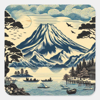 Sticker Carré Mont Fuji lacustre japonais bloc de bois Bateau Pi