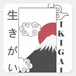 Sticker Carré mont fuji rétro kanji japonais