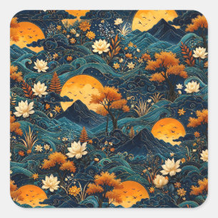 Sticker Carré Montagne de Lune Dorée Motif Floral de Lotus sous