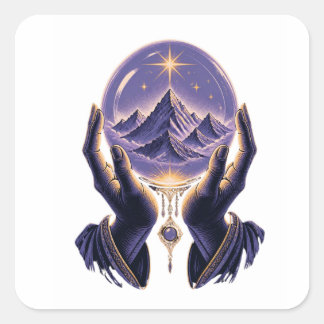 Sticker Carré Montagne Mystique Mains Célestes Nature Spirituell
