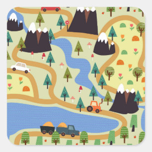 Sticker Carré Montagnes, rivières, forêt, motif automobile.