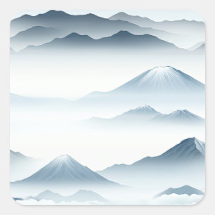 Sticker Carré Montagnes Tranquilles Neige Bleu Blanc Scène