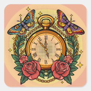 Sticker Carré Montre de poche vintage et esthétique papillon