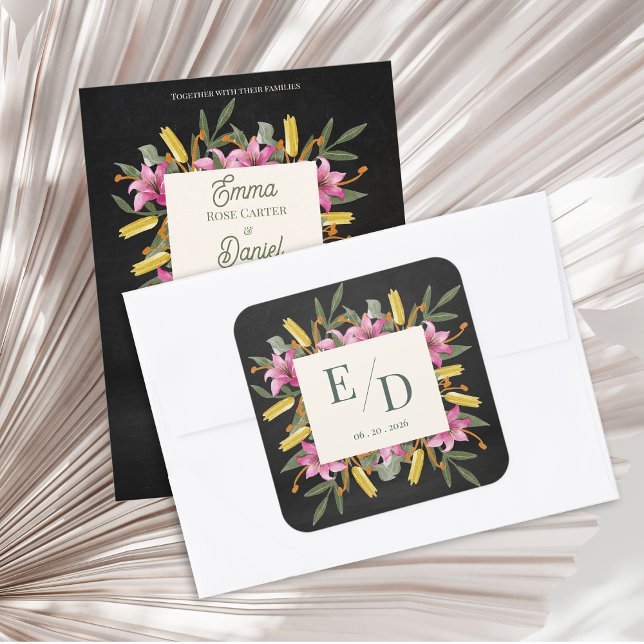 Sticker Carré Moody Blush Lily Black Floral Monogram Wedding (Moody Blush Lily Monogram Wedding Sticker | Elegant Black Floral Custom Initials Seal)