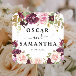 Sticker Carré Moody & Rustic Burgundy Watercolor Fleurs & Leaf