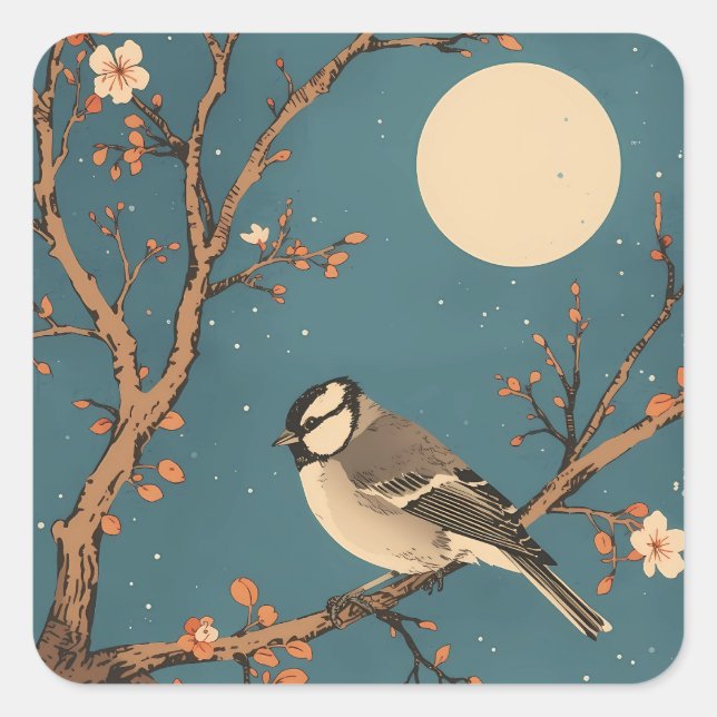 Sticker Carré Moonlit Bird on Blossom Branch (Devant)