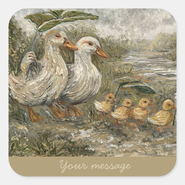 Sticker Carré Morning Commute Whimsical Farmhouse Duck Rainy Day (Devant)