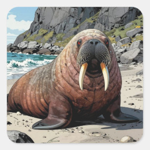 Sticker Carré Morse sur une plage de sable Animaux mignons