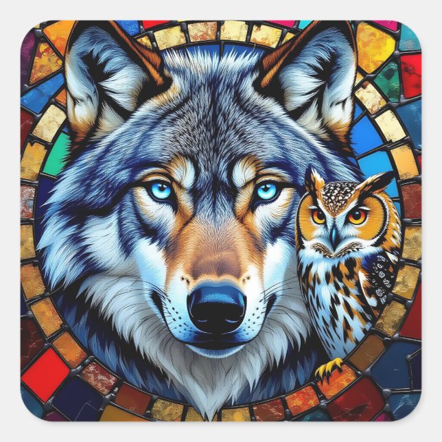 Sticker Carré Mosaic Style Owl and Wolf Wildlife Vibrant (Devant)