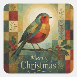 Sticker Carré Mosaïque de Noël Robin Oiseau Houx Baie