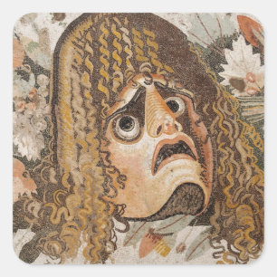 Sticker Carré Mosaïque romaine, avec masque, feuilles et fruits