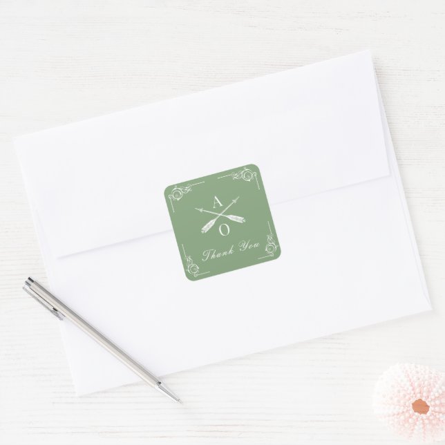 Sticker Carré Moss Green Monogram et Flèches Mariage Merci (Enveloppe)