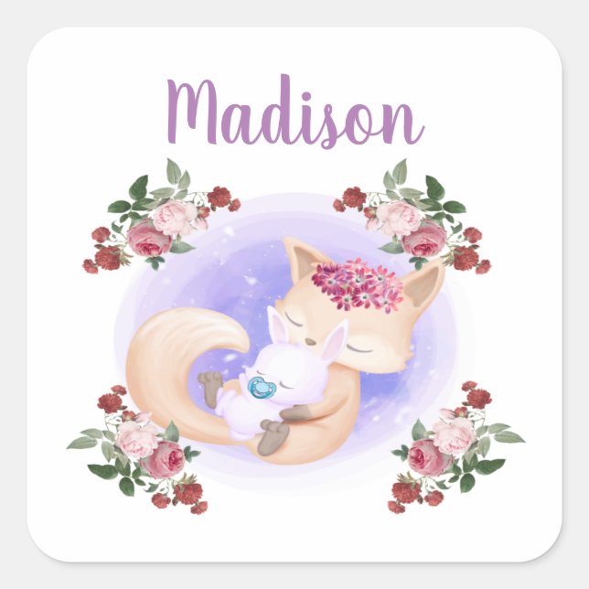 Sticker Carré Mother Fox Hug Baby Bunny (Devant)