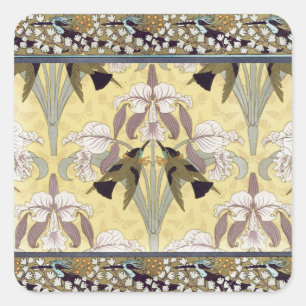 Sticker Carré Motif Art Nouveau d'orchidée colibri vintage
