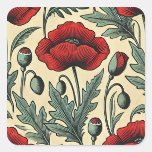 Sticker Carré Motif aux coquelicots rouges inspiré de l'ancien