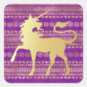 Sticker Carré Motif bohémien doré et violet & Licorne