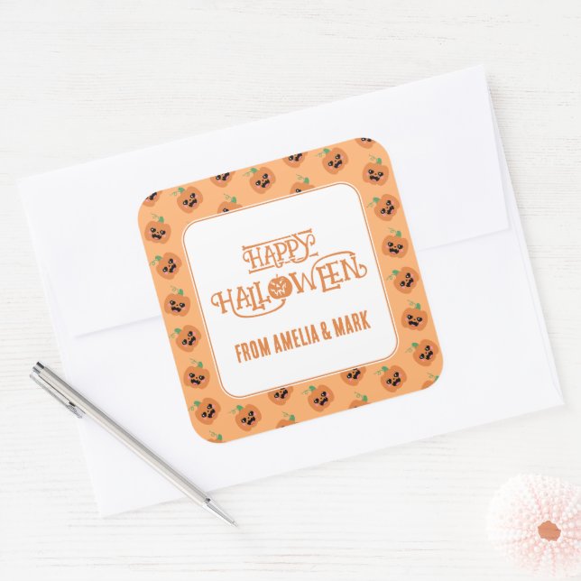 Sticker Carré Motif Citrouille Halloween Kawaii (Enveloppe)