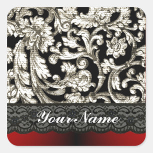Sticker Carré Motif damassé floral noir et rouge