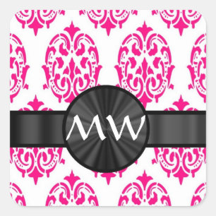 Sticker Carré Motif damassé rose monogramme