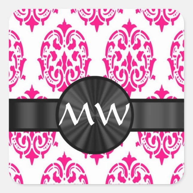 Sticker Carré Motif damassé rose monogramme (Devant)