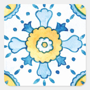 Sticker Carré Motif de carreaux marocains bleu et jaune à l'aqua