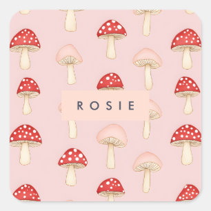 Sticker Carré Motif de champignon rose vif