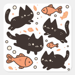 Sticker Carré Motif de chat noir Kawaii Chibi avec poisson rouge