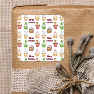Sticker Carré Motif de cupcake de Noël à l'aquarelle Joyeux Noël