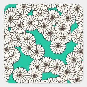 Sticker Carré Motif de fleurs Art déco - blanc sur turquoise