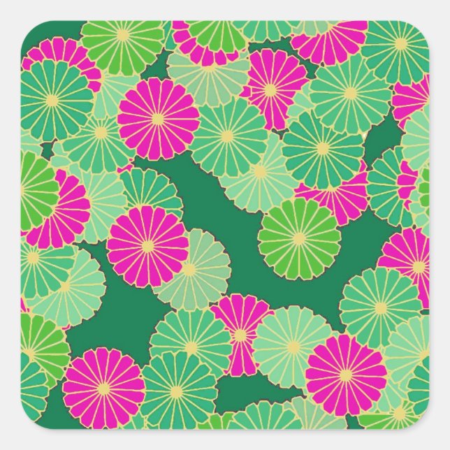 Sticker Carré Motif de fleurs Art Déco - tons verts, fuchsia (Devant)