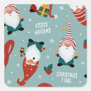 Sticker Carré Motif de Noël mignon Rouge Vert Jaune Elfe Gnome