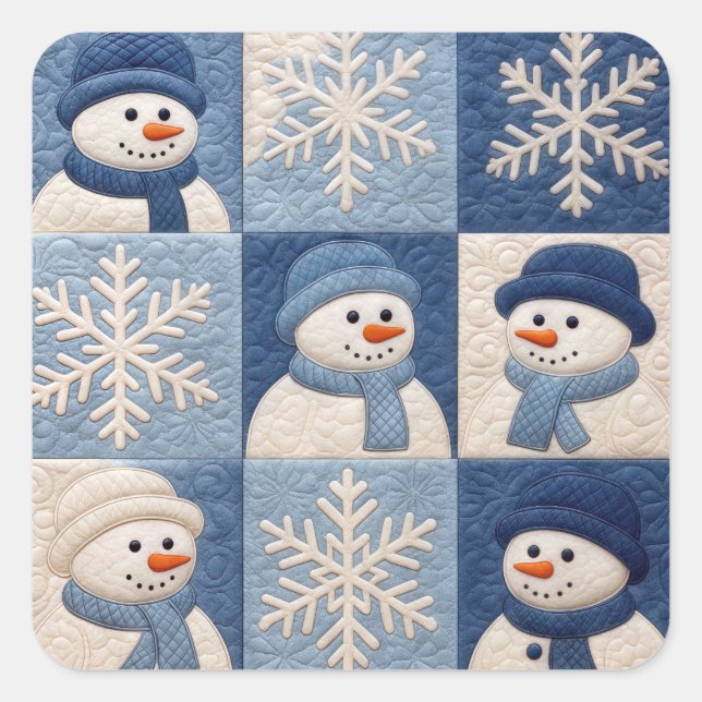 Sticker Carré Motif de patchwork Bonhommes de neige et Flocons d (Devant)