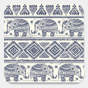 Sticker Carré Motif d'éléphant ethnique bleu