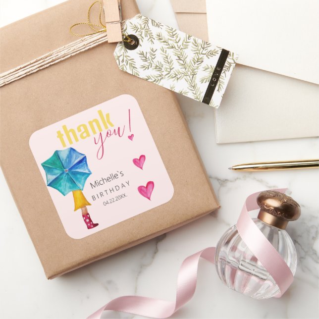 Sticker Carré Motif d'illustration d'aquarelle fille parapluie m (Cadeaux)