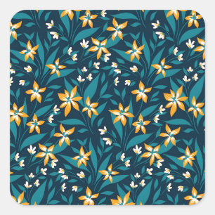 Sticker Carré Motif élégant de fleurs jaunes sur feuilles vert f